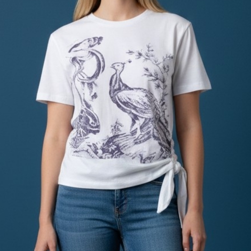 KAMISETA White Graphic Peacock Waist Tie Short Sleeve Baby Tee